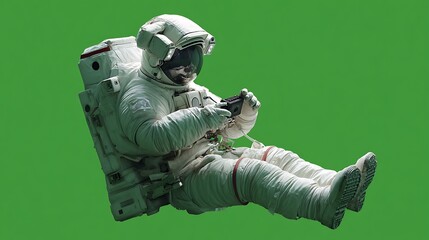 Astronaut Using Handheld Console on Green Background