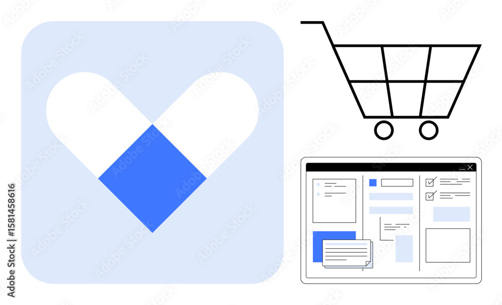 Poster heart icon symbolizing user preference, shopping cart for purchases, and web interface layout. ideal