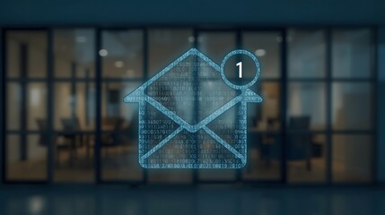 Futuristic email notification icon with binary code and envelope hologram in front of glass office building at night, symbolizing digital communication and smart messaging

