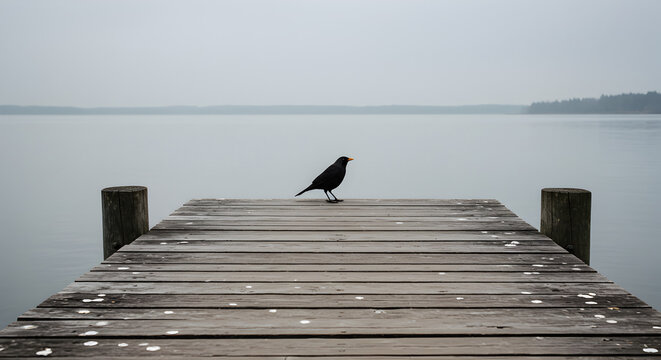 Solitary Bird on Misty Lake Dock