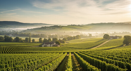 Idyllic vineyard landscape with rolling green hills and farmhouse during a misty golden sunrise