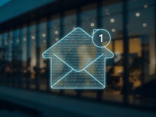 Futuristic email notification icon with binary code and envelope hologram in front of glass office building at night, symbolizing digital communication and smart messaging