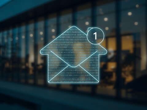 Futuristic email notification icon with binary code and envelope hologram in front of glass office building at night, symbolizing digital communication and smart messaging

 - Powered by Adobe