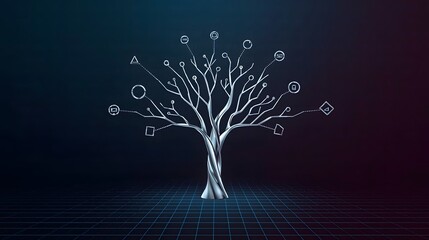 Abstract digital tree made of network connections and data nodes on a dark futuristic background, symbolizing artificial intelligence, innovation, growth, and technology systems

