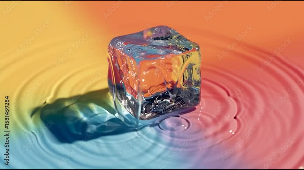 Poster A melting ice cube sits on a colorful gradient surface, reflecting and refracting light in multiple hues.