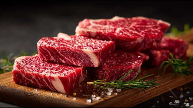 Several raw, marbled beef steaks are stacked on a wooden cutting board, garnished with rosemary and coarse salt.