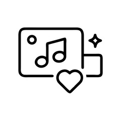 A minimalist black-and-white icon of music note with heart symbol in a media device signifies an appreciation for music and entertainment.