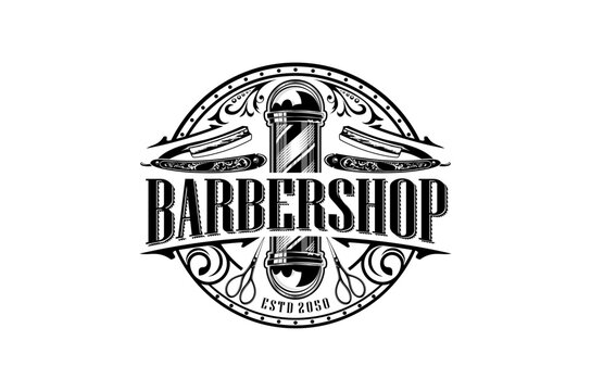 Classic barbershop logo design featuring vintage elements and a traditional barber pole. Scissors and razor element. - Powered by Adobe