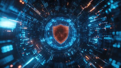 Fototapeta premium Digital shield in glowing tunnel. Abstract, futuristic, security concept