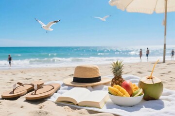 Tropical beach picnic with fruit, book, coconut drink, and summer hat