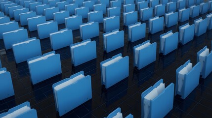 Obraz premium Rows of digital blue folders arranged systematically on a black data grid surface, representing data management, information storage, and digital archiving in a futuristic system