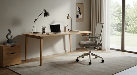 Bright home office setup featuring a wooden desk, ergonomic chair, lamps, laptop, and a view of the outdoors.