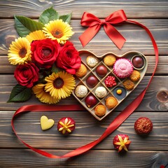 Fototapeta premium Autumn Flower & Sweets Valentine’s Day Ribbon Flat Lay Styling