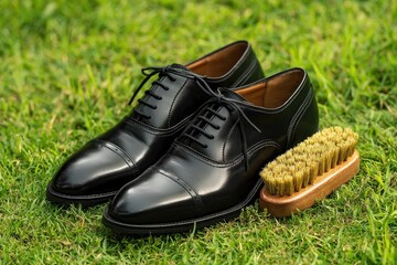 Two shiny black dress shoes and a wooden brush sit on a lawn of green grass