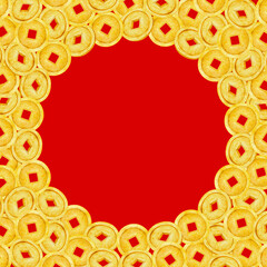 Watercolor frame made of traditional Chinese golden coins with bold red center. Designed for festive backgrounds, lucky money themes, and cultural holiday promotions. Chinese New Year