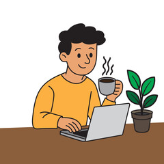 Vector illustration of young man working on laptop while enjoying coffee. Represents remote work, freelancer lifestyle, productivity, and digital work environment. Ideal for modern workplace concepts.