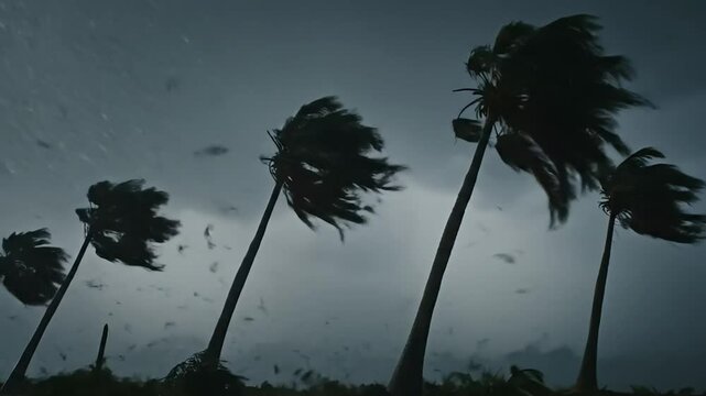 The powerful hurricane winds bend palm trees dramatically against a dark sky.