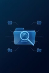Digital document folder icon with magnifying glass on dark blue background, representing data search, file organization, information management, and digital archiving

