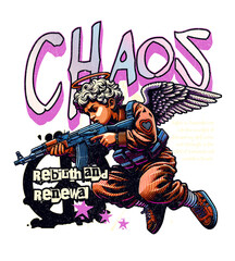 Obraz premium Chaos: A dynamic illustration of an angel with an AK-47, embodying rebirth and renewal with the word CHAOS in a graffiti-style design.