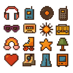레트로 픽셀 도트 오디오 게임 소품 투명 PNG 세트 번들, 분리된 배경. 복고 감성의 다채로운 예술 요소, 아날로그 음악 빈티지 디자인