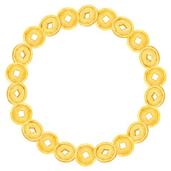 Hand painted round wreath made of Chinese gold coins with square holes. Watercolor illustration isolated on white. Great for money-themed designs, crafts, or oriental holiday materials.