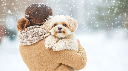 Fototapeta premium Maltese dog being held by woman in snowy scene 