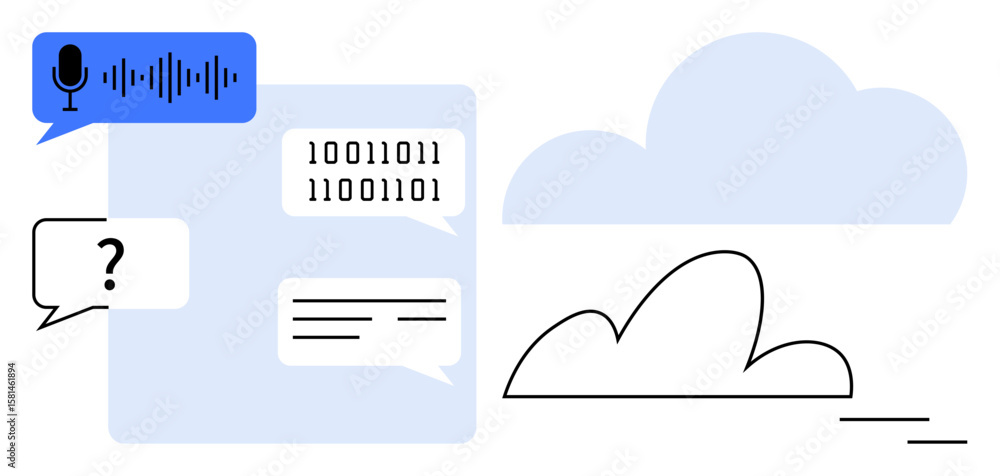 Poster speech bubble showcasing voice recognition, binary data, and text communication near minimalist clou