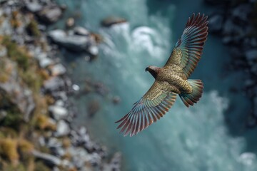 Fototapeta premium Kea in flight showing distinct green and brown plumage set against a backdrop of rushing blue water and rocky riverbank