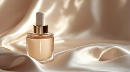 Cosmetic bottle with dropper on silk backdrop for skincare product.