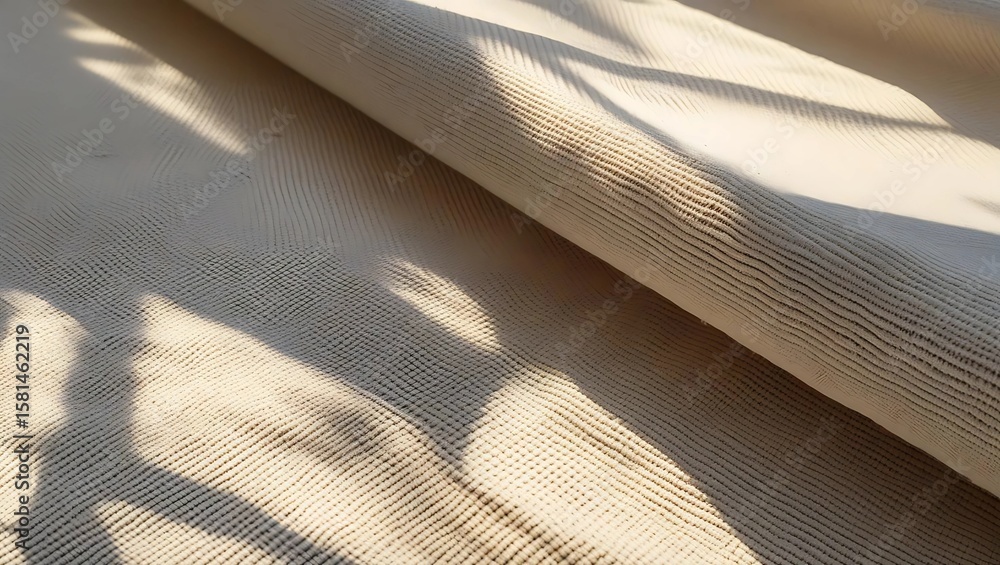 Poster close-up view of textured beige fabric with sunlight and shadows creating a pattern.