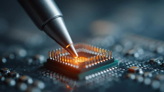 Close up view of cpu circuit design glowing warmly microchip with pen tip and micro soldering cpu pins showing electronic