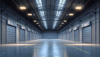 Obraz premium Industrial warehouse interior, long perspective, closed metal doors