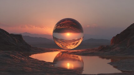 Cracked earth reflected inside a glass sphere beneath a glowing orange twilight sky
