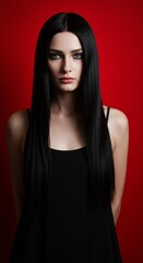 Fototapeta premium Beautiful sensual woman model with long dark hair, red lips, and glamour make-up in a studio