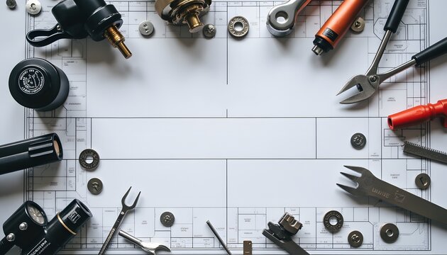 Tools and Technical Components Arranged Around a Blueprint for Mechanical Engineering Design