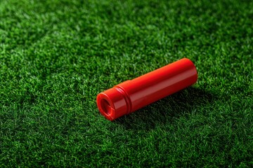 Red plastic tube on green grass