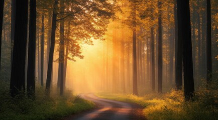 Fototapeta premium Sun rays filtering through a misty autumnal forest landscape