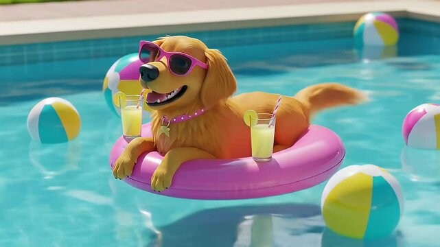Sunny Vacation Web Ad of dog relaxing in pool float with drinks, fun summer concept