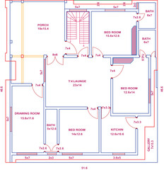 Detailed residential house floor plan vector drawing with measurements, layout of bedrooms, kitchen, lounge, porch, baths, perfect for architecture use.