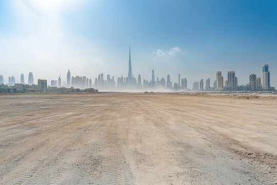 Empty expanse of beige-colored land, stretching towards a hazy cityscape of tall buildings