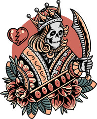 King of Broken Hearts: An intricately illustrated playing card design presents a skeletal king holding a sword, symbolizing a blend of power and sorrow, with decorative floral elements.