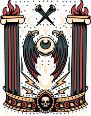 Fototapeta premium Symbolic Artwork: An eye within bat wings and skull. Set between flamed pillars, a captivating illustration evoking mystery and symbolic depth, offering a visual exploration of the unknown.