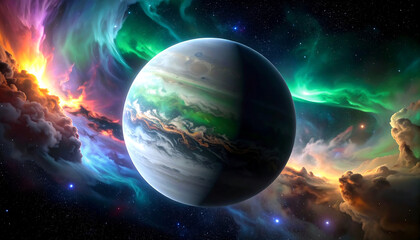 Obraz premium Majestic gas giant planet with swirling colorful clouds and vibrant nebula in deep space, evoking awe and wonder