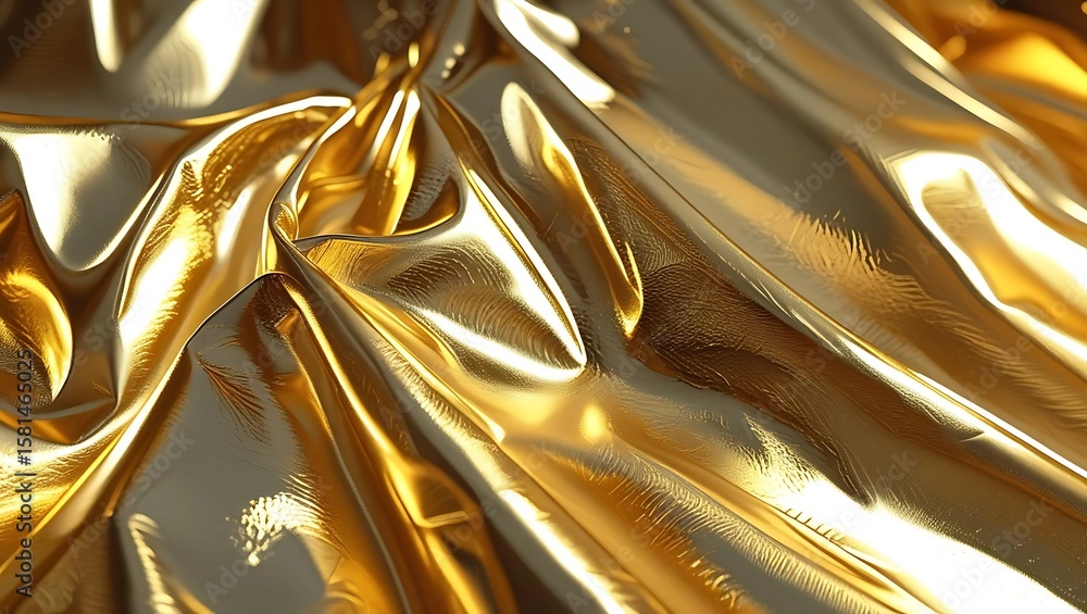 Poster abstract close-up of draped golden fabric with shimmering highlights and deep folds creating a luxur