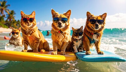 Cats and dogs wearing sunglasses enjoy surfing together on a sunny beach day