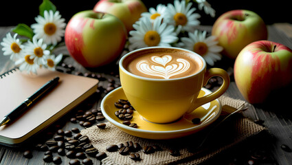 Cup of coffee with apple, flowers and notebook.