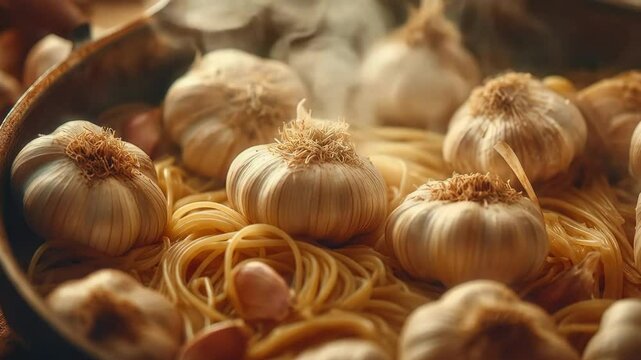 Close up shot of garlic bulbs and spaghetti, ready for cooking.