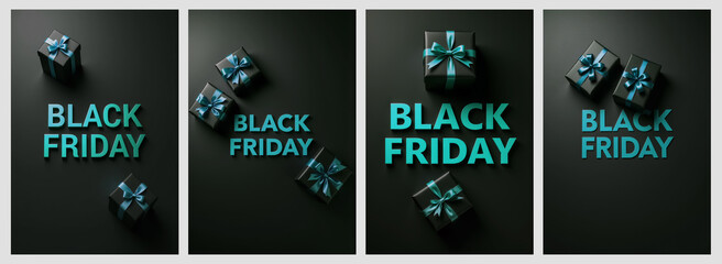 4 pieces black friday sale banners with gift boxes on black background, sale concept