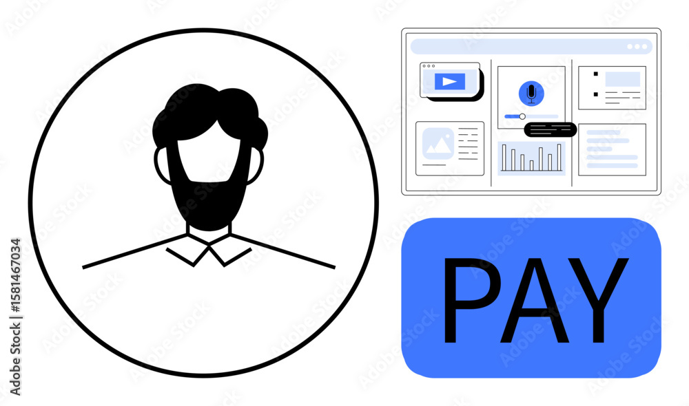 Poster user avatar in circle beside payment confirmation graphic and analytics dashboard. ideal for technol