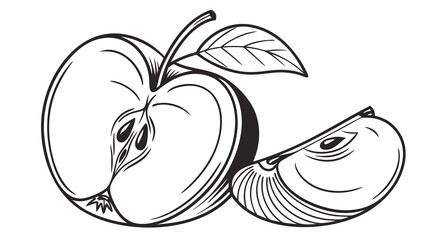 Stylized black and white line art drawing of a halved apple with a slice